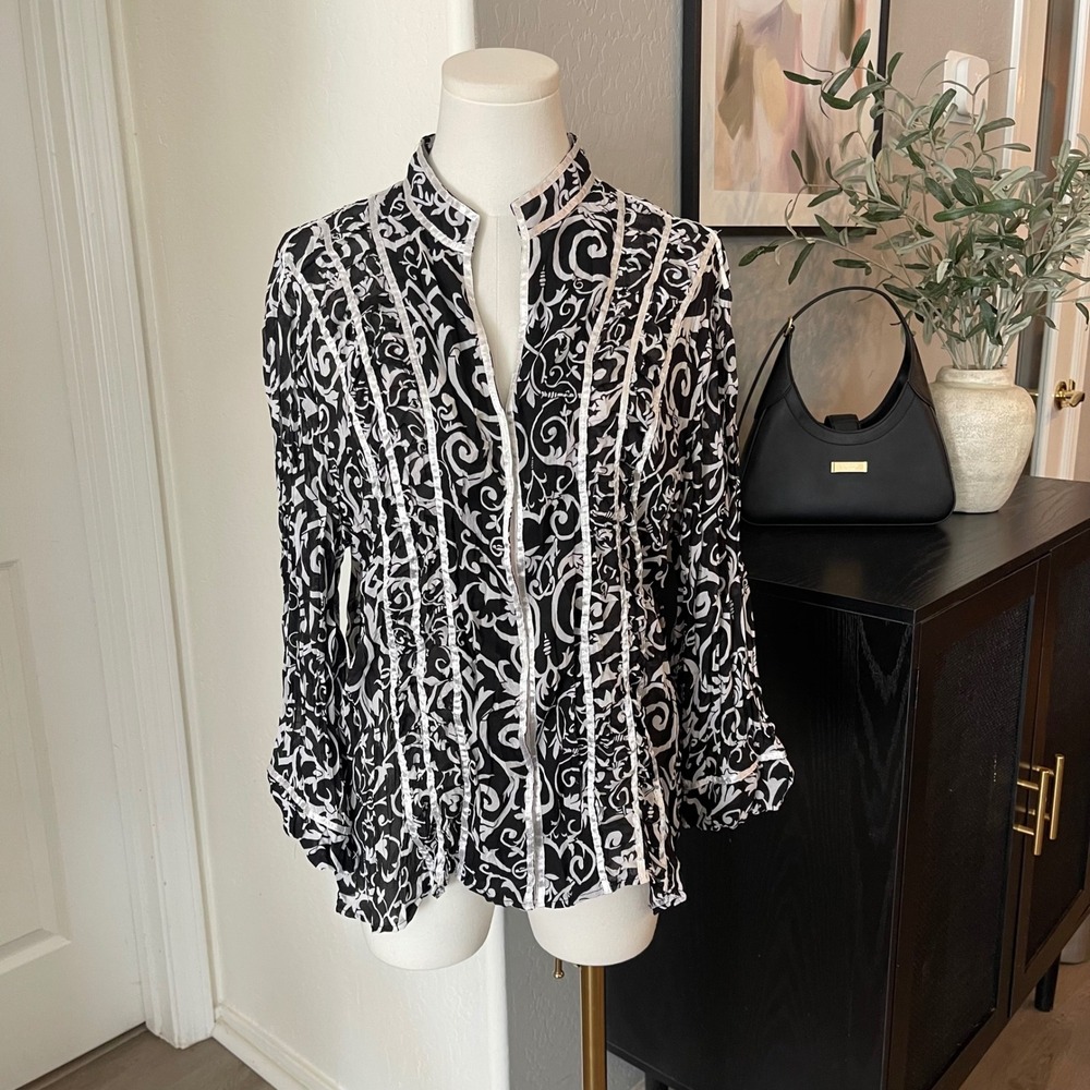 Piano Scroll Print Blouse Womens XL Black White Gothic Grunge Ribbon Trim Top